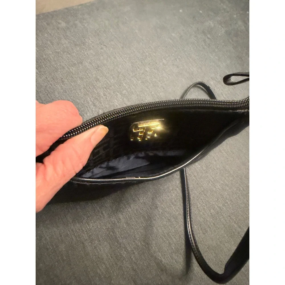 Tommy Hilfiger Black Monogram Jacquard Crossbody Bag Gold Logo Zippered Purse